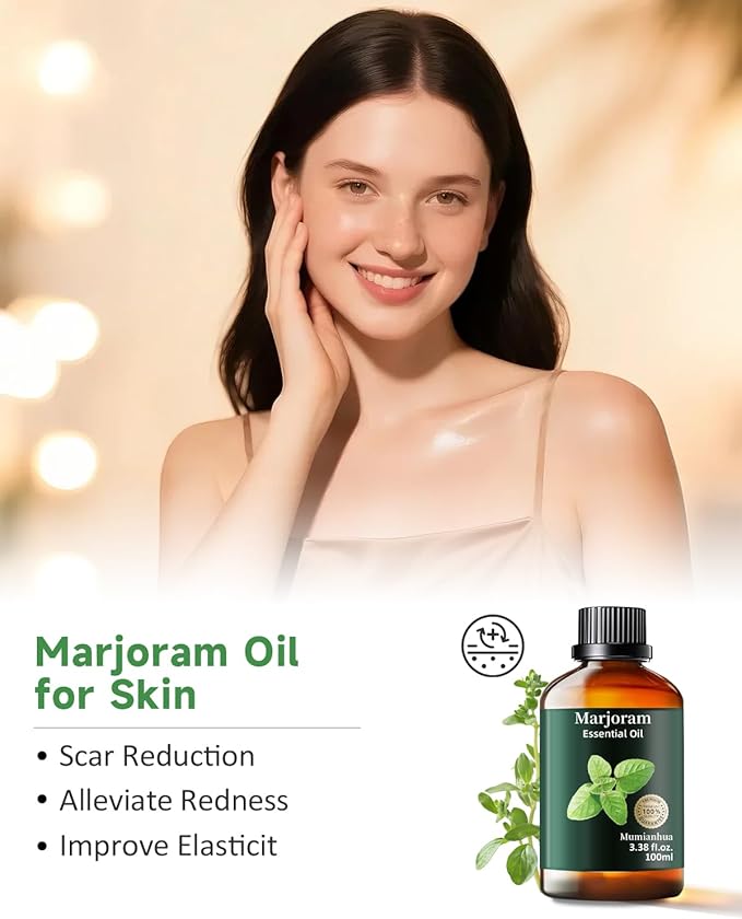 Marjoram Essential Oil, Pure Marjoram Oil Mumianhua Natural Herbaceous Oil for Bedroom, Natural Shield, Aromatherapy for Evening Ease, Outdoor Protection, Diffuser, Massage & Skin Care, 3.38 Fl Oz