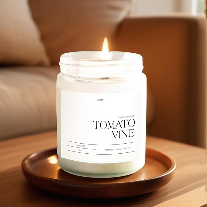 Tomato Vine Candles for Home Scented, Natural Soy Wax Aromatherapy Non Toxic Heavy Scented Candle with Essential Oil, Home Fragrance Stress Relief Jar Candles Gifts for Women & Men 9oz