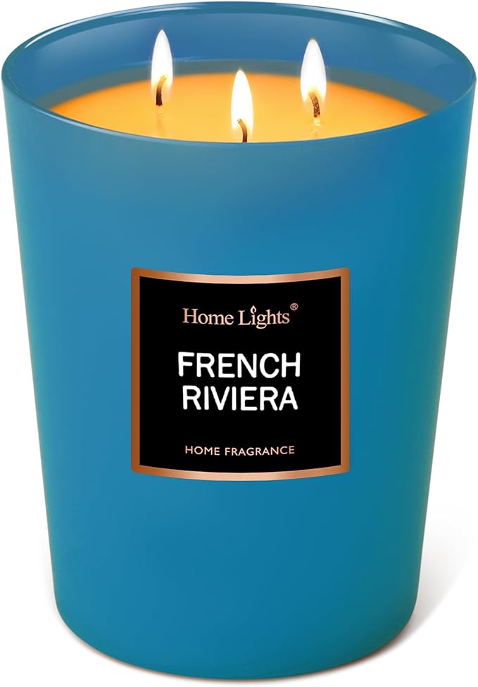 HomeLights Scented Candles | Large Jar Candle - 33.3 Oz. Natural Soy Aromatherapy Candles | Up to 130 Hours Burn Time with 3 Cotton Wicks,Home Decorative Fragrance Candles Gift - French Riviera