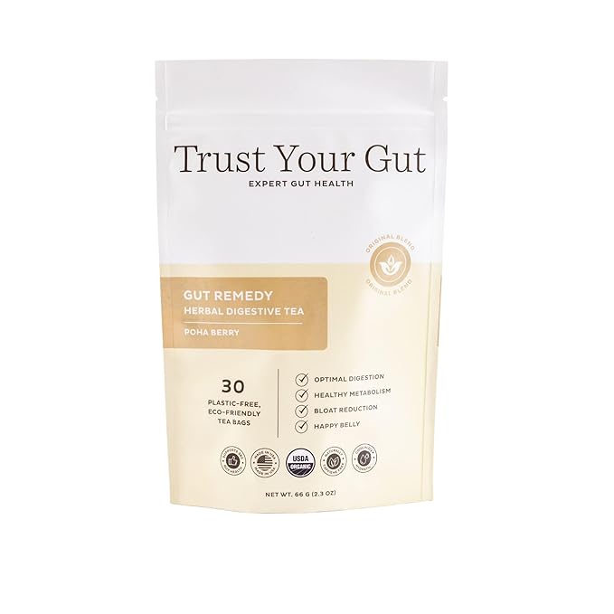 Trust Your Gut Organic Herbal Tea Blend – Lemon Balm, Holy Basil, Dandelion & Ginger Root – Supports Healthy Digestion & Gut Balance – Poha Berry, 30 Bags