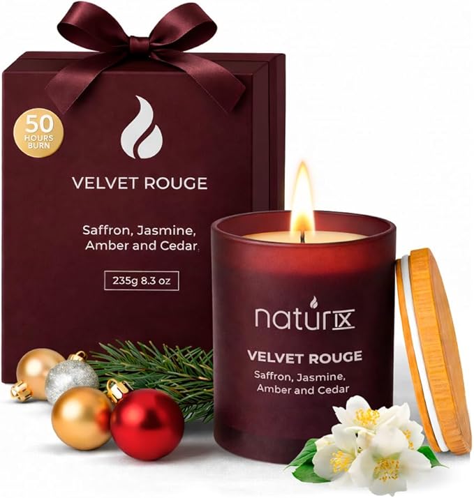 Natur IX Velvet Rouge Scented Candles for Home | Cedarwood, Saffron, Jasmine & Amber | Natural Non Toxic Soy Candles with Essential Oils | 50 H Long Burning
