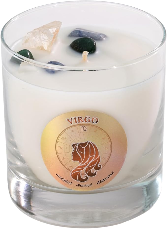 Luxury Glass Jar Candle, Virgo Zodiac Sign, 8.8 oz - Crystal Infused - Scents of Scent: Lily, Sandalwood, Amber, & Vanilla - USA Made, Coconut-Soy Wax, Essential Oils, Dr. Developed