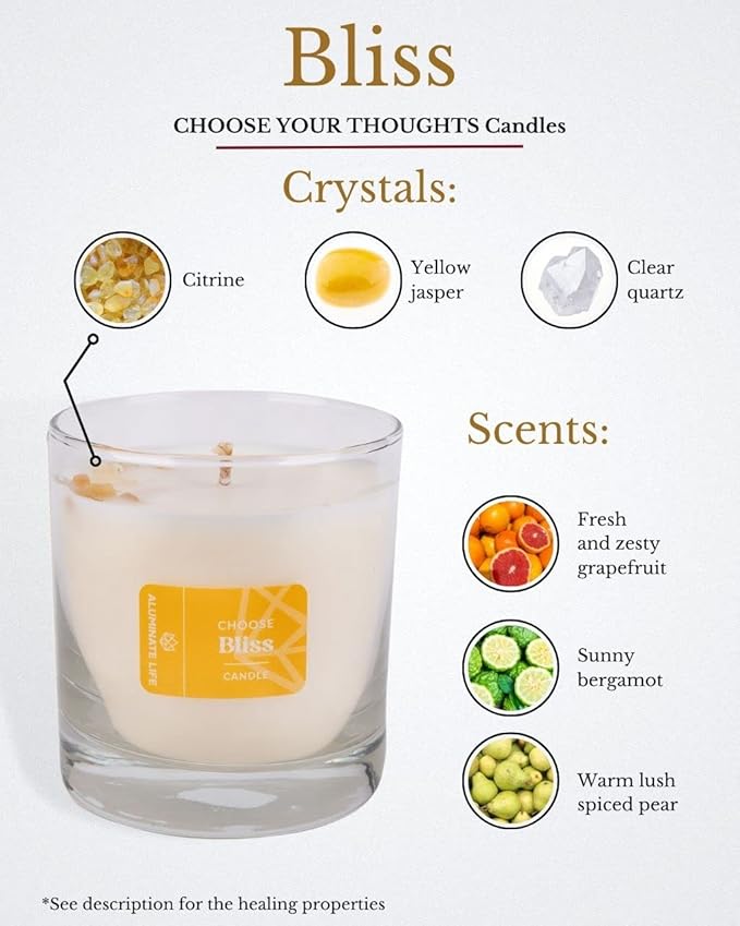 Luxury Glass Jar Candle, 8 OZ, Choose Bliss - Citrine Crystal Infused - Scents of Grapefruit, Bergamot, and Spiced Pear - Happiness, Joy, & Contentment - Coconut Wax, Essential Oils