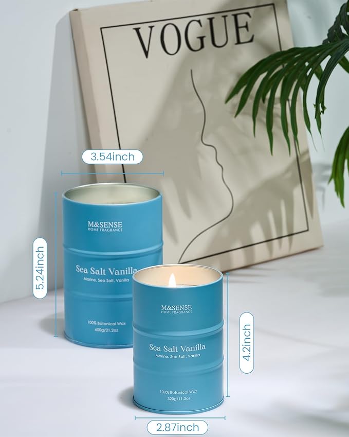 M&SENSE Sea Salt Vanilla Beach Scented Candles, Coastal Soy Candle, Summer Candle for Stress Relief Meditation Relaxing, Housewarming Gifts for Women Men, 11.3oz 70 Hour Long Burning