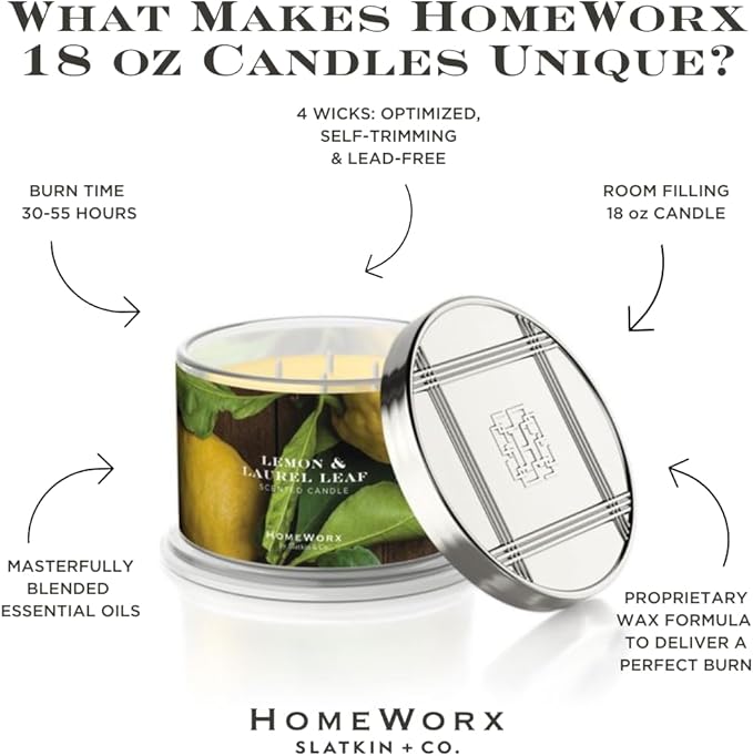 HomeWorx by SLATKIN + CO. Candle- Lemon & Laurel Leaf, 18 oz. Premium Scented Candle