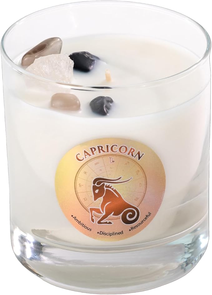 Luxury Glass Jar Candle, Capricorn Zodiac Sign, 8.8 oz - Crystal Infused - Scents of Citrus, Lavender, Spice, & Wood - USA Made, Coconut-Soy Wax, Essential Oils, Dr. Developed