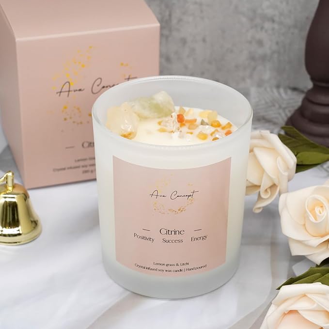 Healing Crystal Candle, Scented Candle Infused Citrin, Clear Quartz Crystals, Lemon Grass&Litchi Scented, Positivity, Energy, Cleansing Wellness, Gift for Women, Aromatherapy Clean Vegan 10Oz Jar