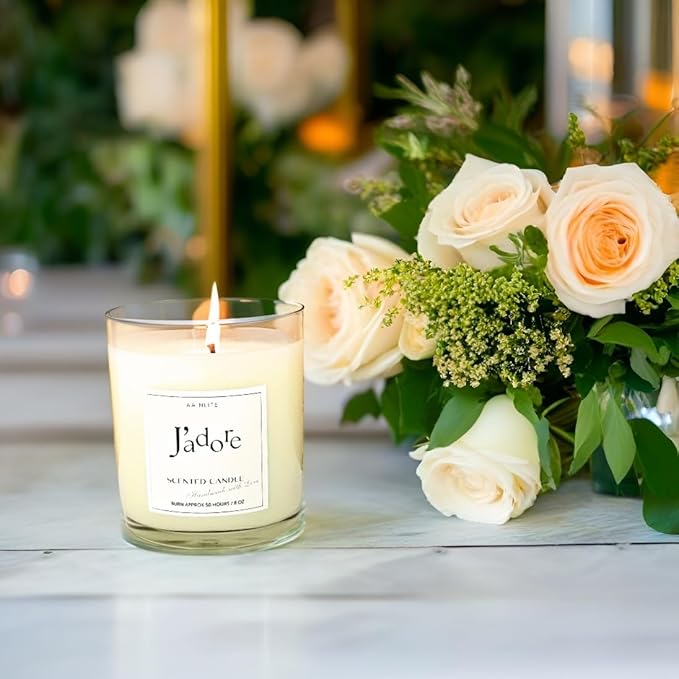 Scented Candle J'Adore - Our Perfume Inspired Version, Elegant Womens Fragrances, Gifts for Women, Home Luxury Scents, Organic Coconut Wax Candles, Clean 50 Hr Burn, USA