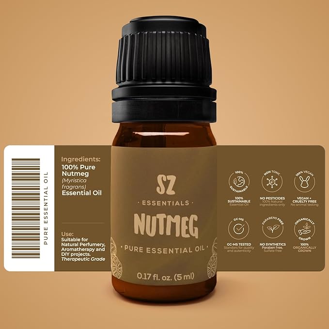 – Nutmeg Essential Oil – 100% Pure & Undiluted– Therapeutic Grade, Steam Distilled, Myristica Fragrans - for Aromatherapy, Skincare, and Massage - 0.17 oz (5 mL)
