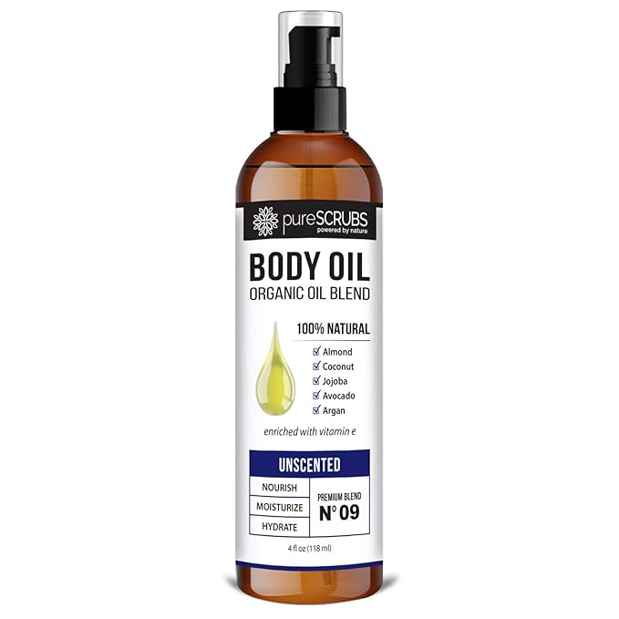 pureSCRUBS Ultra Moisturizing Unscented Body Oil Spray for Dry Skin, Massage, Stretch Marks, Organic Super Blend of Jojoba, Argan, Coconut, Sweet Almond & Avocado Oils Enriched with Vitamin E, Lg 4oz