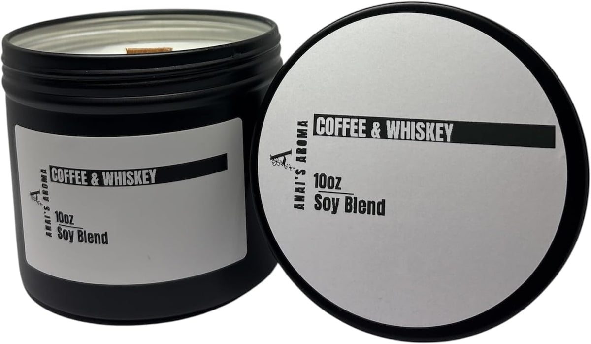 ANAI'S Aroma Coffee & Whiskey 10oz Soy Blend Candle Wooden Wick Elegant Black Travel Tin, Highly Scented Luxury Home Fragrance, Slow Burn