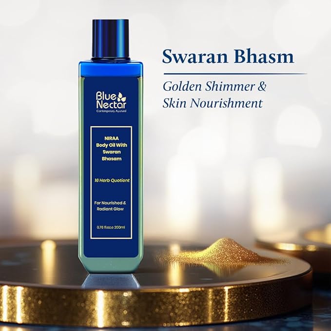 Blue Nectar Body Oil with Swaran Bhasam for Glowing Skin | Ayurvedic Body Oil for Dry Skin | Nourishing Oil with Gold & Shimmer (16 Herbs, 3.38 Fl Oz)