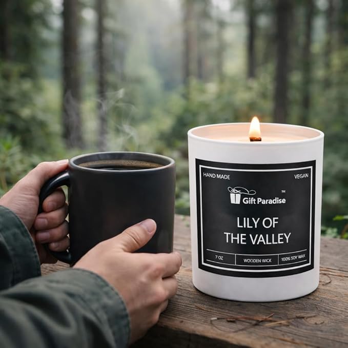 Lily of The Valley Soy Candle with Wooden Gift Box — 7 oz Wood Wick | 100% Soy, Clean Burn, Non-Toxic, Vegan Floral Scent