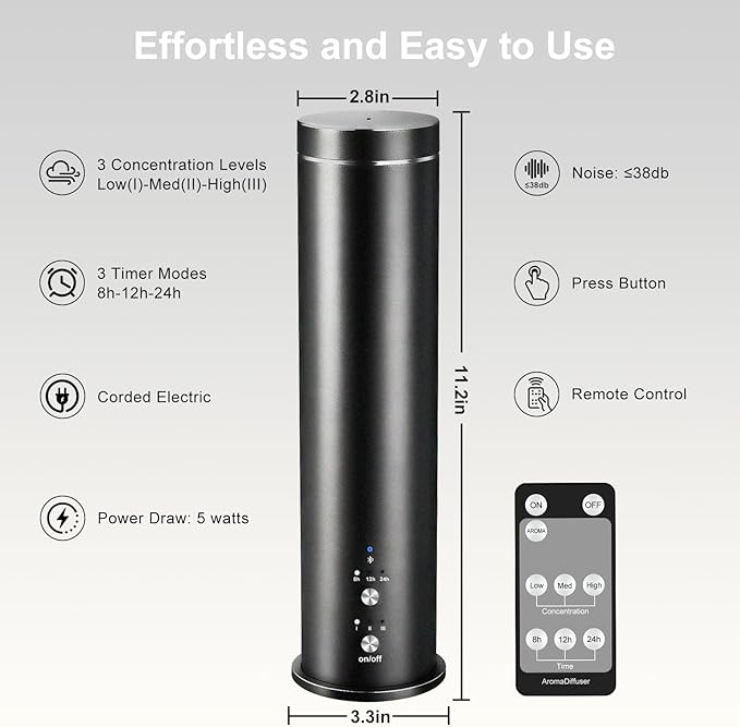 Waterless Essential Oil Diffuser Large Room Scent Diffuser for Home, Office, Hotel and Spas - Aromatherapy Diffuser Fragrance Oil Machine, Remote Control, Timer, Black