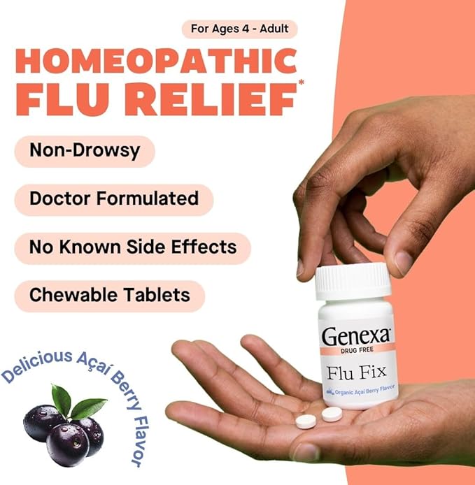 Genexa Flu Fix | Multi-Symptom Flu Remedy for Kids & Adults | Delicious Organic Acai Berry Flavor | Certified Organic & Non-GMO | Homeopathic Remedy Made Clean | 180 Chewable Tablets (3 Pack)