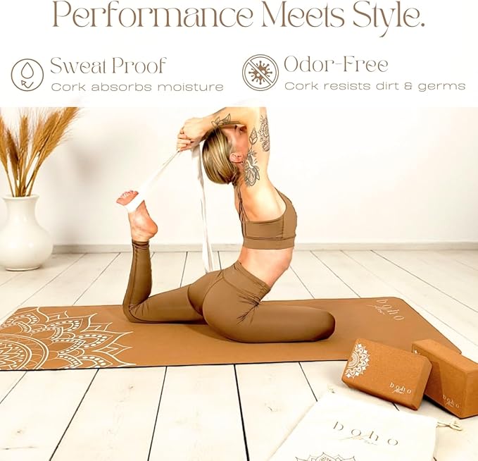 Boho Flow Cork Yoga Block 2 Pack with Strap & Bag | Premium Eco-Friendly Cork Bricks 9”x6”x3” | Heavy-Duty, Non-Slip & Durable Yoga Props | Plastic-Free, EVA-Free, Non-Toxic