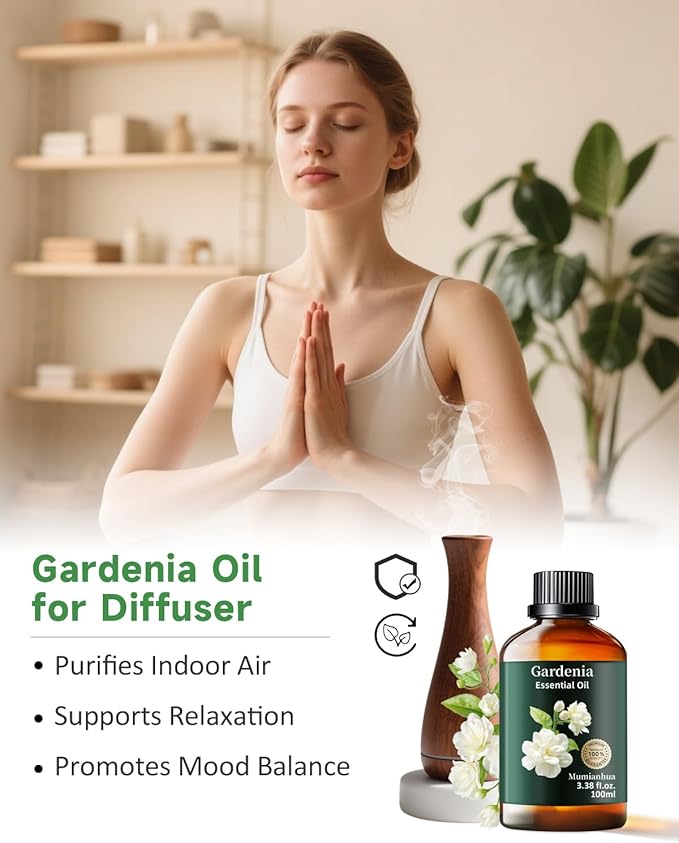 Gardenia Essential Oil, Pure Gardenia Oil Mumianhua Natural Aroma Oil for Reed Diffuser, Air Freshener, Skin, Massage, Hair, Laundry & Women's Perfume, Soap, Candles Making 3.38 Fl Oz