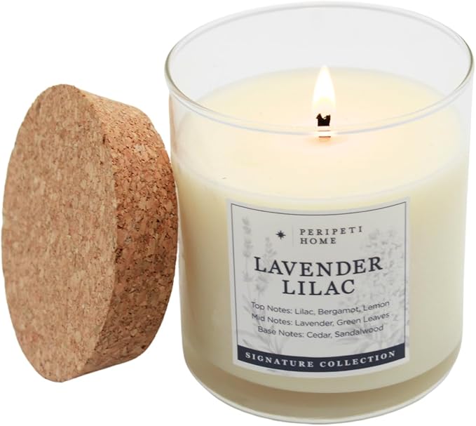 PERIPETI Home Lavender + Lilac Scented Candle - Classic Wick, 8.5oz Natural Soy Wax for Soothing Aromatherapy - Long-Lasting Relaxing Fragrance for Home or Spa