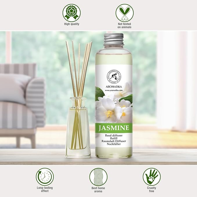 AROMATIKA Jasmine Essential Oil 200ml - Natural Reed Diffuser Refill for Long-Lasting Fragrance - Jasminum Officinale Oil - Air Freshener for Home, Office, Spa, Salon, Restaurant, Cafe, Bar