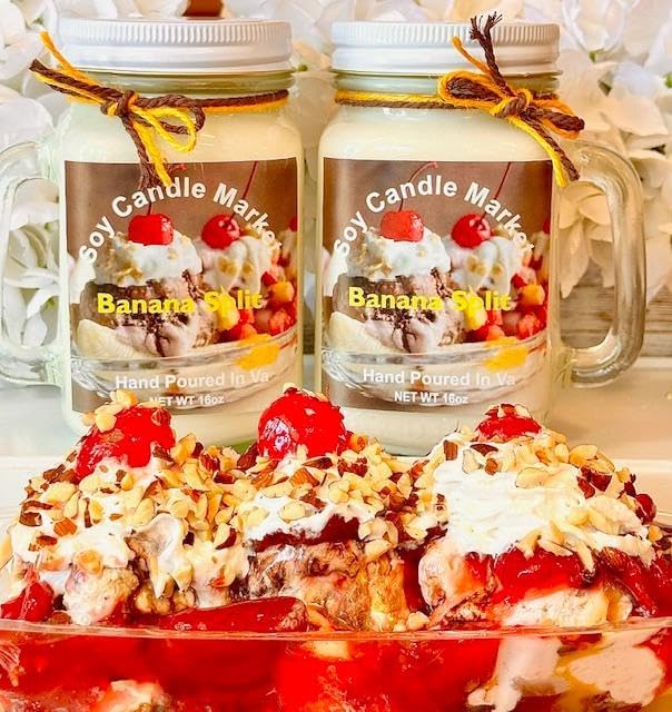 Soy Scented Candles | Handmade & Highly Aromatic Candles Burns Upto 85 Hours in Glass Jar - Perfect for Home Decor, Wedding, Birthday, Dinner (Banana Split, 12 oz)
