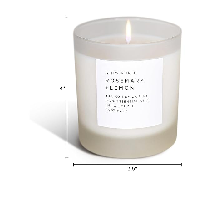 Slow North Rosemary + Lemon Candle - Essential Oils and Pure Soy Wax Candle in a Reusable Frosted Glass Jar - A Unique Scented Candle Hand-Poured in The USA (8 oz)