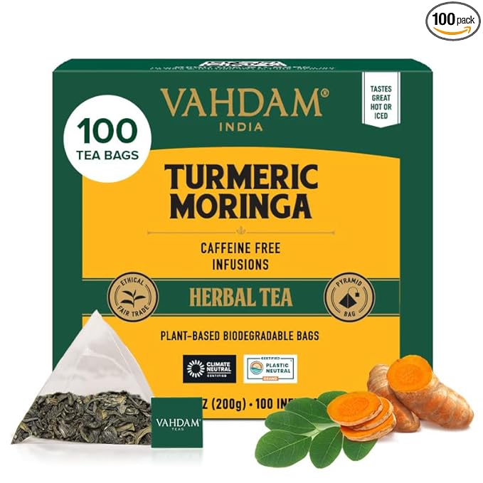 VAHDAM, Turmeric Moringa Tea Bags (100 Herbal Tea Bags) Caffeine Free, Non GMO | 100% Pure Herbal Blend - Sweet & Earthy | Resealable Ziplock Pouch
