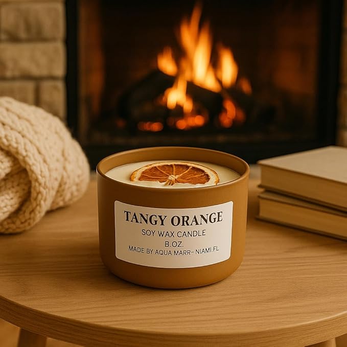 Aqua MARR Tangy Orange Soy Wax Candle, 8 oz, Handmade in Miami with Dried Orange Slice, Gold Metal Container