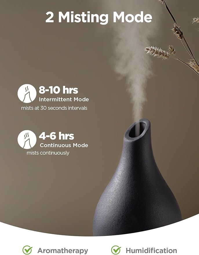 InnoGear Essential Oil Diffuser, 150ml Ceramic Diffuser Handcrafted Stone Aromatherapy Diffusers Ultrasonic Cool Mist Humidifier Vaporizer 2 Mist Modes Waterless for Home, Black Vase-Shaped Ceramic
