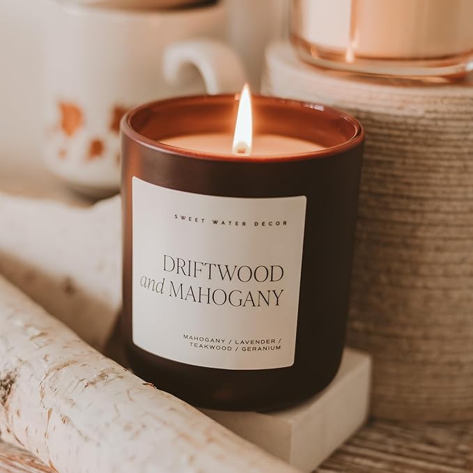 Sweet Water Decor Driftwood & Mahogany Candle, Large 15oz Jar, Non-Toxic Soy Wax Blend Scented with Lavender, Teakwood & Geranium, Woodsy Candle, Long-Lasting 70+ Hour Burn