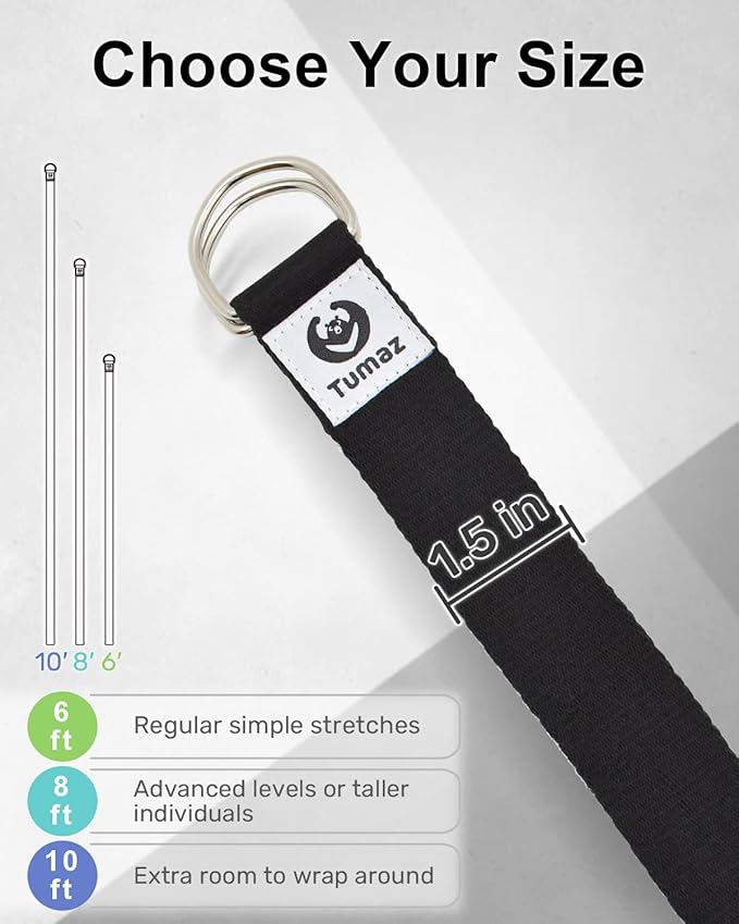 Tumaz Yoga Strap/Stretch Bands [15+ Colors, 6/8/10 Feet Options] with Extra Safe Adjustable D-Ring Buckle, Durable and Comfy Delicate Texture - Best for Daily Stretching, Physical Therapy, Fitness