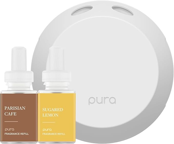 Pura - Smart Home Fragrance Device Starter Set - Pura 4 - Scent Diffuser for Home - Includes Fragrance Aroma Diffuser - Square Box, Parisian Cafe and Sugared Lemon Scent Refills