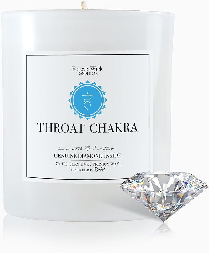 Foreverwick Throat Chakra Aromatherapy Soy Wax Natural Candle | Rock Quartz Crystals | Bergamont Aroma Therapy Scented | Zinc Free Wick | 14 oz Organic