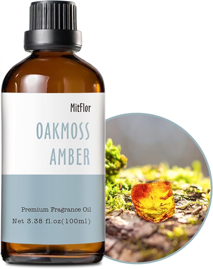 Oakmoss Amber Fragrance Oil (3.38 OZ/100ML),MitFlor Single Scented Oil, Premium Grade Fragrance Oil for Soap & Candle Making, Large Size Aromatherapy Oil, Natural Woody Scent for Home Fragrance & DIY