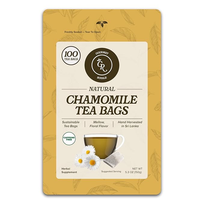 Gourmet Royale Chamomile Tea, 100 Count, Sustainable Tea Bags, Caffeine & Sugar Free, Premium Chamomile from Sri Lanka, Resealable Bag, Pure & Natural, (Pack of 1)