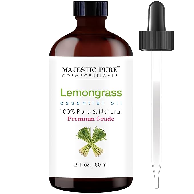 Majestic Pure Essential Oil with Glass Dropper - 100% Pure and Natural - Essential Oils for Diffuser, Aromatherapy, Soap and Candle Making, Lemongrass Essential Oil, Lemongrass Oil, 2 Fl Oz