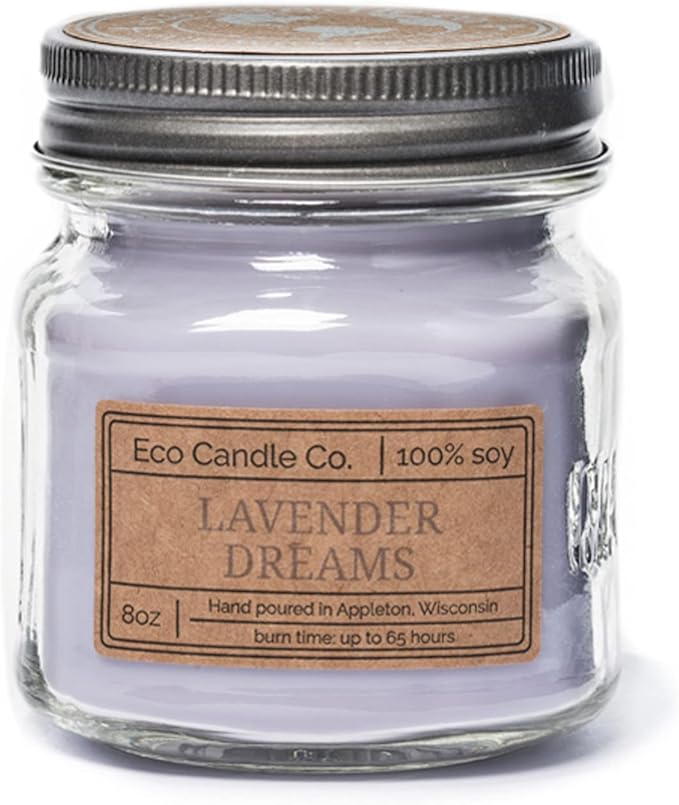 ECO CANDLE CO. Mason Jar Candle, Lavender Dreams, 8 oz. - Scents of Lavender, Lilac, Sage, & Mimosa - 100% Soy Wax, No Lead, Kraft Label & Antiqued Pewter Lid, Hand Poured, Midwest Grown Soybeans