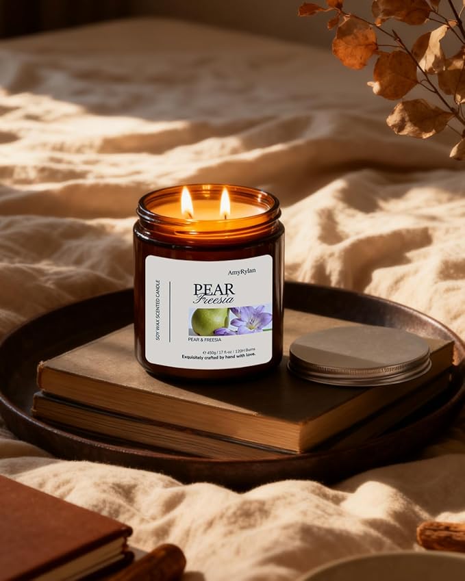 2 Wicks 17oz Large Non-Toxic Soy Wax Scented Candle, Pear & Freesia 120 Hours of Burn Time, Long Lasting Candle for Gift, Cost-Effective Candle for Home Fragrance, Aromatherapy