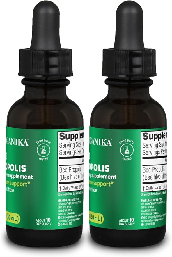Organika Bee Propolis Tincture 1 oz x 2 Pack: Clean and Vegan Propolis Extract for Immune Defenses, Throat, and Breath - Free of Gluten, GMO, & Artificial Flavors - 20 Day Prop Drops Supply