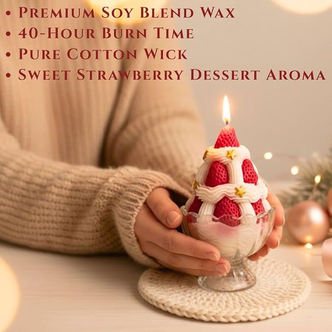 Sweet Strawberry Dessert Candle – Novelty Scented Candle, Strawberry Ice Cream Design, Strawberry & Marshmallow Scent, 220g / 7.76oz, Festive Christmas Candle with Premium Gift Box