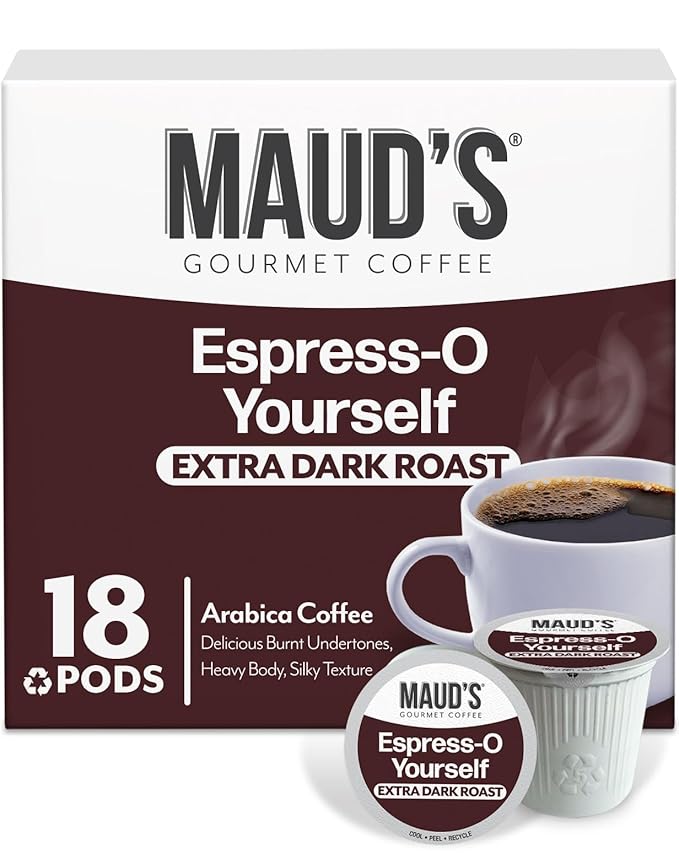 Maud's Espresso Roast Coffee Pods, 18 ct, Dark Roast Coffee in Recyclable Single Serve Pods – 100% Arabica Coffee, Compatible with Keurig K Cups Maker