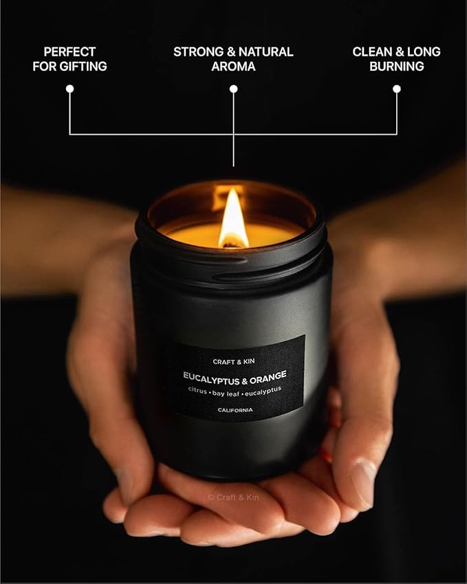 Craft & Kin Premium Orange & Eucalyptus Candle | Black Christmas Scented Candles for Home | Long Lasting with 45 Hour Burn Time, 7.6oz | Soy Holiday Candle | Aromatherapy at Home | Gifts for Men