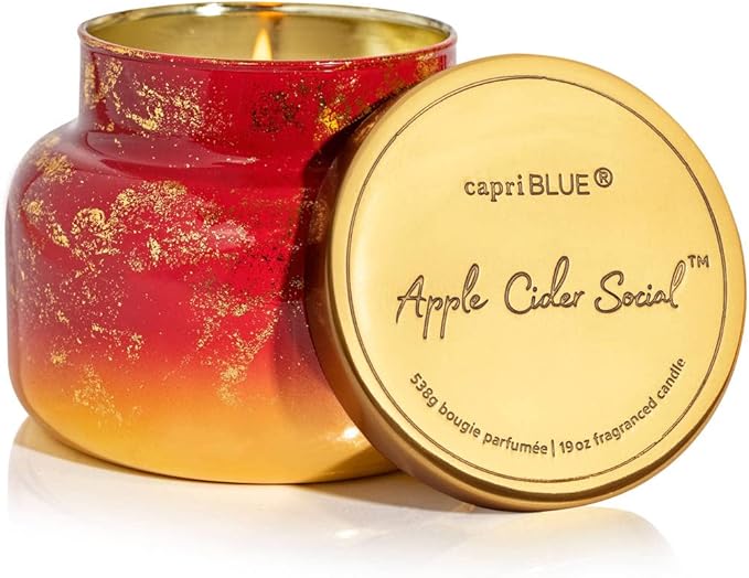 Capri Blue Scented Candles - Glimmer Collection - Ombre Glass Candle Holder - Luxury Apple Candles for Women & Men - Signature Jar in Cranberry Red and Gold (Apple Cider Social, 19 oz)