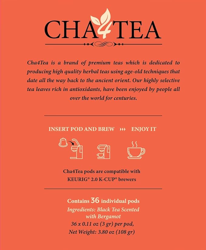 Cha4TEA 36-Count Earl Grey Tea Pods – Compatible with Keurig K-Cup, Bold Black Tea with Bergamot Flavor