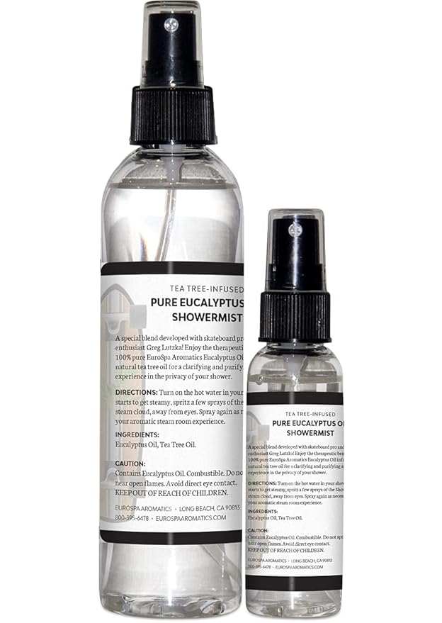 EuroSpa Aromatics Pure Eucalyptus Oil ShowerMist and Steam Room Spray, All-Natural Premium Aromatherapy Essential Oils - Tea Tree Infused, Duo Pack, 8oz and 2oz