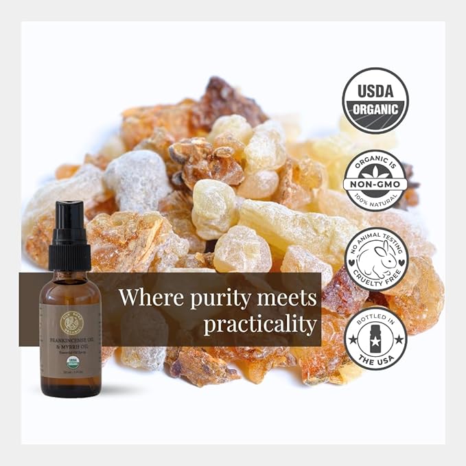 Silk Road Organic Frankincense Oil & Myrrh Essential Oil Spray, 100% Pure USDA Certified Aromatherapy for Body Aches, Stiffness & Tingling, Stress Relief, & Skin - 1 Oz Spray