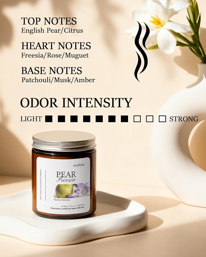 2 Wicks 17oz Large Non-Toxic Soy Wax Scented Candle, Pear & Freesia 120 Hours of Burn Time, Long Lasting Candle for Gift, Cost-Effective Candle for Home Fragrance, Aromatherapy