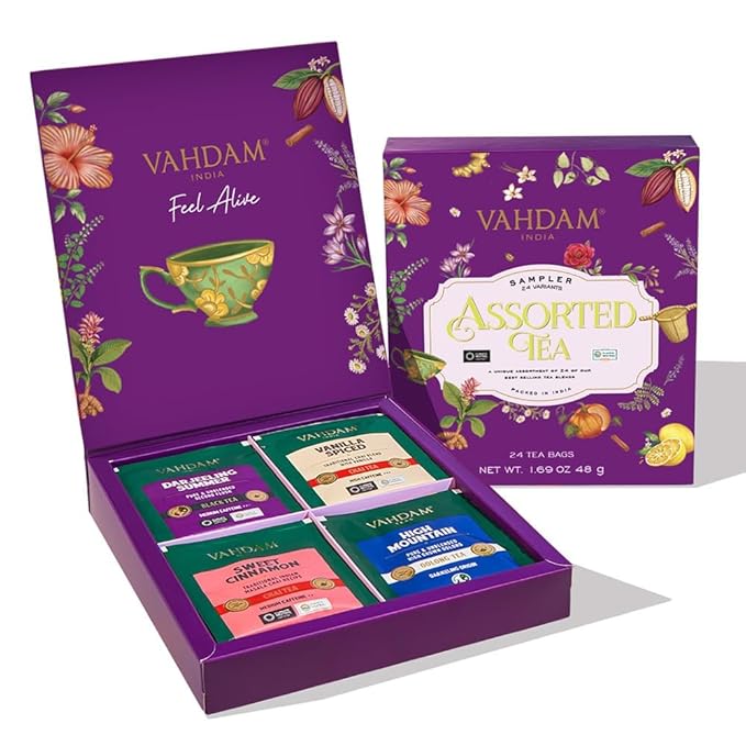 VAHDAM, Assorted Tea in Presentation Box (24 Variants, 24 Pyramid Tea Bags) Long Leaf Pyramid Variety Pack | Premium Tea Gifts | Gifts for Women & Men