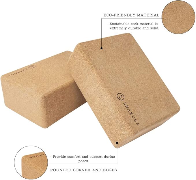 SNAKUGA Cork Yoga Block 2 Pack for Pilates, 4'' or 3'' Non-Slip & High Density Blocks for Meditation, Fitness and Stretching, Supportive and Flexibility Brick for Improve Poses Balance