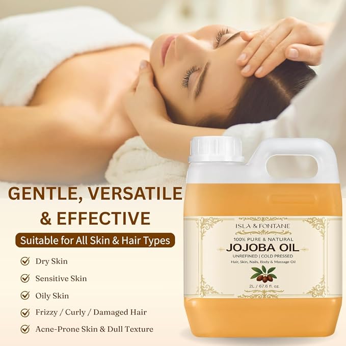ISLA & FONTANE Jojoba Oil Set – 2L/67.6 Fl Oz | 100% Pure & Natural | Golden, Unrefined, Cold Pressed | 2 Dropper Bottles & Beauty Massager | Hexane-Free Carrier Oil for Skin, Hair, Face, Nails & Body