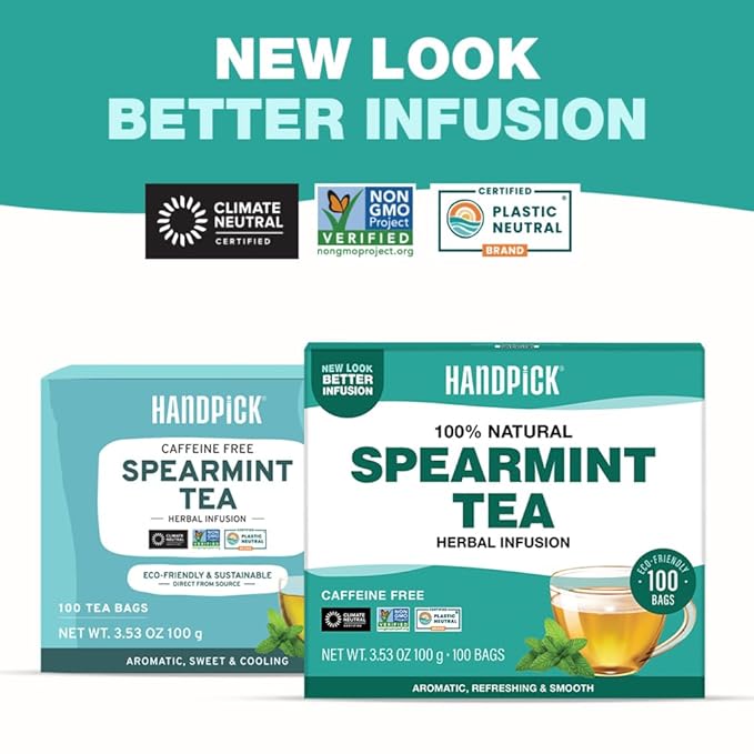 HANDPICK, Spearmint Tea Bags (100 Herbal Tea Bags) |Refreshing Mint Tea | Non-GMO | Round Eco-Conscious Teabags